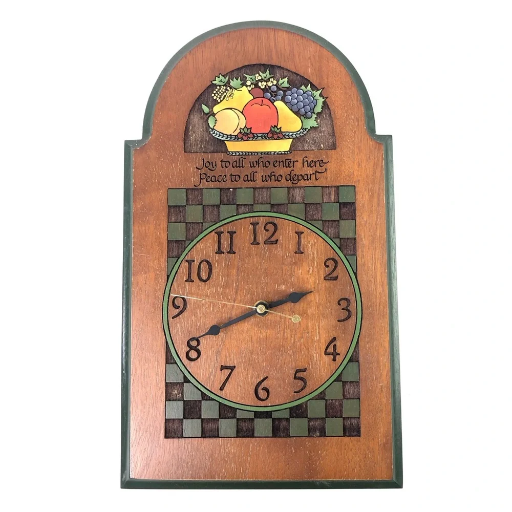 1992 Woodcut Engraved Wall Clock Round Arch Top Fruit Sage Green Edge Home Decor